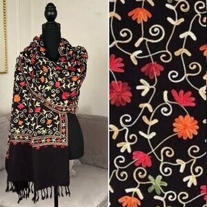 Elegant Black Floral Embroidered Scarf